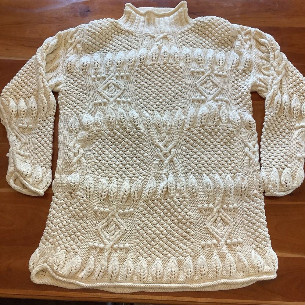 Vintage Yarnworks Chunky Hand-knit Tunic Sweater Top Women L Cream Ramie Cotton